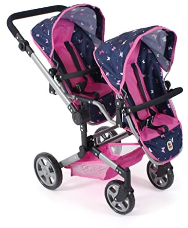 Bayer Chic 2000® Puppenwagen Linus Duo – Butterfly Navy Pink – Faltbarer Zwillingspuppenwagen – Verstellbarer Griff 50-82 cm – Puppen bis 50 cm – 4-8 J.