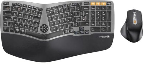 ProtoArc EKM01 Ergonomic Wireless Keyboard and Mouse, Ergo Bluetooth Keyboard and Mouse Combo, Split Design, Palm Rest, Multi-Device, QWERTY UK Layout, Windows/Mac/Android - Space Grey