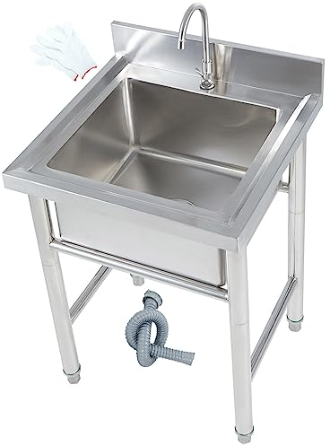 TAITUTE Fregadero de acero inoxidable para exteriores, fregadero de restaurante comercial, fregadero de un solo tazón para bar, cocina, hotel, hogar con grifo (50 x 50 x 80 cm),Plata