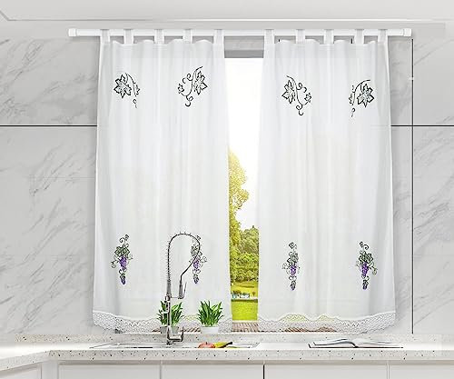 HOMEYA - Cortina Cocina Translúcida 100x150cm - Cortina con Bordados de Uvas,para Cocina,Comedor, Marco de Puerta - 1 Unidad Color Blanco,100% Poliester