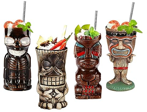 Morlinca Tiki Mugs - Tiki Mugs Set di 4 - Bicchieri Tiki in Ceramica Bicchieri da Cocktail Tiki Bar Decor Tiki Cocktail Party - Feste a Tema Tiki - Feste di Halloween - Festa Hawaiana,A12