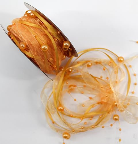 CaPiSo 10m Schleifenband 3-teilig mit Organza und 4mm Perlen Dekoband Trendyband Perlenband Perlen am Band (Apricot)