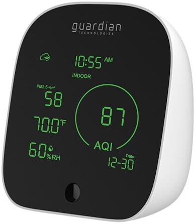 Guardian Technologies AQM101 Smart Air Quality Monitor, Anzeige von PM 2,5 Stufen, Luftfeuchtigkeit, Temperatur Innen und Außen und VOCs in Echtzeit, App-gesteuert, Alexa und Google aktiviert,