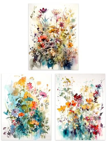 Artery8 Set of 3 Wildflowers Colourful Watercolour Floral Artworks Spring Flower Field Unframed Wall Art Living Room Poster Prints Pack