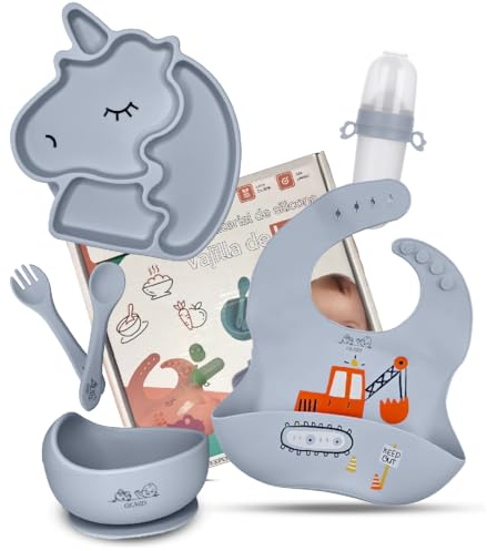 OLNID® Vajilla Bebe PREMIUM - LIBRE BPA | Vajilla Bebe Silicona Con Ventosa ULTRA-ADHERENTE | Libre BPA | Platos Bebe Ventosa | Cubiertos Bebe | Accesorios Bebe | Color(Gris)