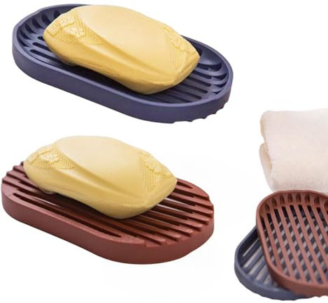 Soap Dish, 2 Pcs Silicone Soap Holder, Soap Dish with Drainage, Portable Shower Soap Box for Shower, Bathroom, Kitchen - Keep Soap Dry, Neat & Hygienic (Blue+Brown)