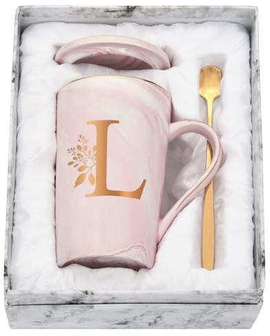 Joymaking Taza personalizada con letras taza de café con motivo de flores, nombre inicial regalos personales taza de café para mujeres novia, L - 400 ml rosa