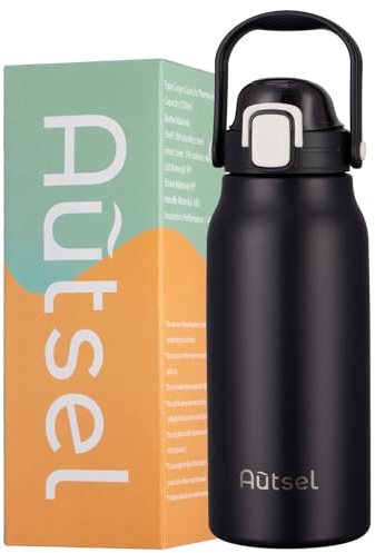 Autsel 1.7L Stainless Steel Water Bottle with Straw - Large Metal Flask with Handle - Double Walled Insulated Sports Bottle - Leakproof for Gym Sports