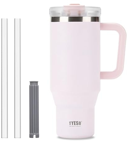 Coffee Cup Travel Mug with Handle, 40oz Tumbler with Lockable Lid, Stainless Steel Vacuum Insulated Water Bottle with Straw, Leakproof & Portable Travel Cup for Hot and Cold Drinks (Light pink)