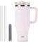Coffee Cup Travel Mug with Handle, 40oz Tumbler with Lockable Lid, Stainless Steel Vacuum Insulated Water Bottle with Straw, Leakproof & Portable Travel Cup for Hot and Cold Drinks (Light pink)