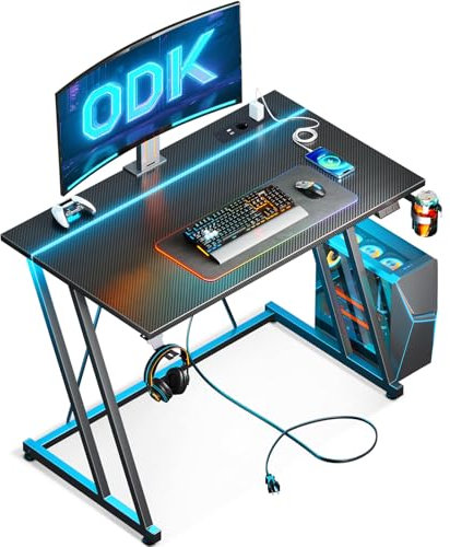 ODK Gaming Tisch mit LED & Steckdose, Gaming Schreibtisch mit Becherhalter und Kopfhörerhaken, Doppel-Z-Rahmen-Design Kleiner Computertisch, Carbon Fiber Schwarz PC Tisch 80 cm