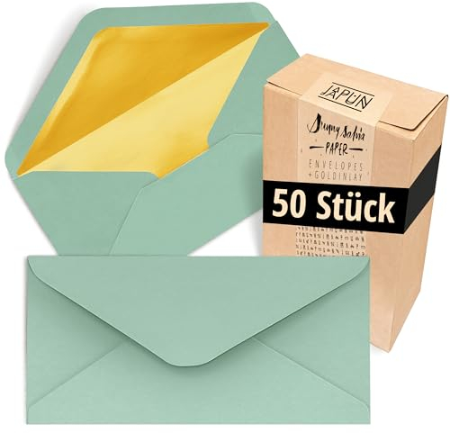 Japun – Briefumschläge (50 Stück), Kuvert, Umschlag ohne Fenster - DIN lang - 220 x 110 mm - innen: Gold - Papier-Farbe: grün