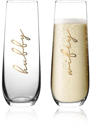GroomBrideGifts Mr and Mrs Wedding Stemless Champagne Flutes Set of 2, Hubby and Wifey Gifts Crystal Stemless Wine Glasses