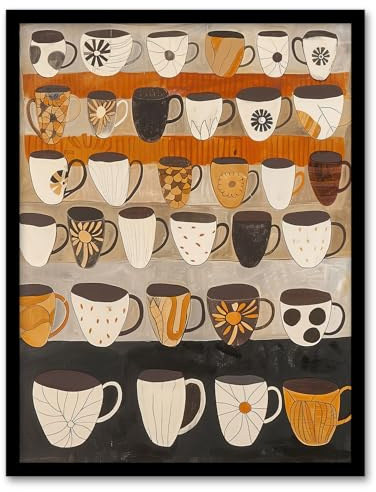 Artery8 Rustic Earthy Tea Coffee Mugs Folk Art Retro Kitchen Art Print Framed Poster Wall Decor 12x16 inch