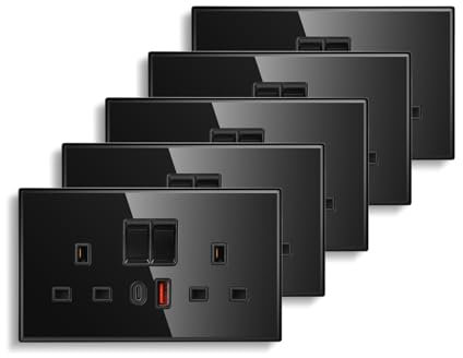 CNBINGO Double Switched Socket with 20W PD USB C and A Fast Charging Ports, Electric Power Sockets 2 Gang 13 Amp, Black Tempered Glass Panel Wall Outlet, 5 Pack
