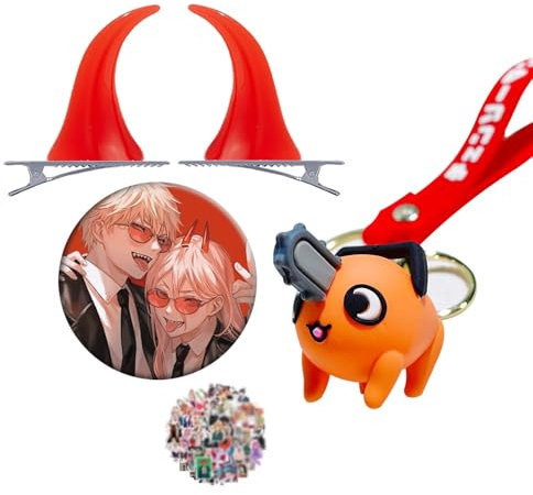 Chainsaw Keychain Denji Makima Action Figure Key Ring Anime Badge Red Cosplay Horns Hair Clips Headwear with Stickers 13 Pcs