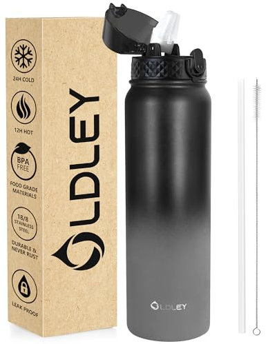 OLDLEY Stainless Steel Water Bottle with Straw 1L Vaccum Insulated Large Drink Flask Metal Water Bottles 1 Litre Leakproof Keep Drinks Hot Cold for Sports Gym Travel Adult Women Men(Black Grey, 1 Lid)