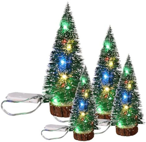 JOYWU Small Christmas Tree with Led Lights,4 Sizes Lighted Desktop Miniature Pine Tree with Snow and Wood Bases,Xmas Artificial Tabletop Tree Ornament,LED Miniature Xmas Trees Decoration (Colorful)