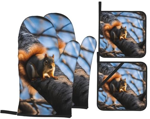 Eichhörnchen im Baum Ofenhandschuhe und Topflappen, Grillhandschuhe und Halter zum Kochen Backen (4-teiliges Set)