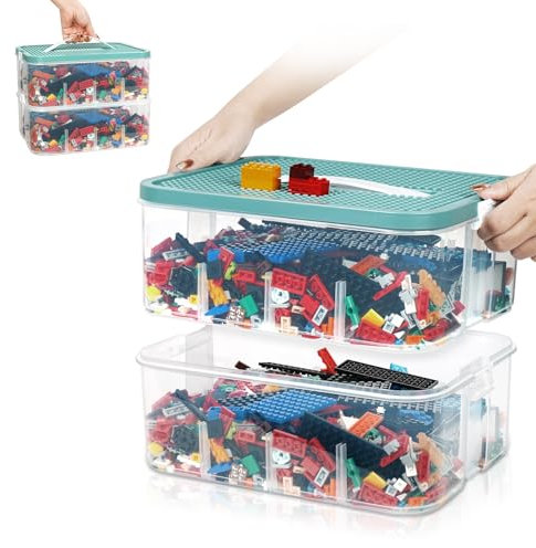 OSTWOLKE Aufbewahrungsbox mit Deckel für Lego, 2 Ebenen Transparente Aufbewahrungsboxen für Kleinteile, Plastik Stapelbar Box mit Griff für Handwerk, Accessoire (Ohne Tablett& Fächer)