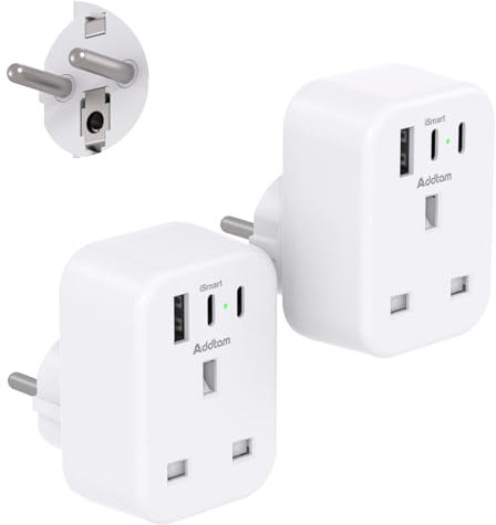 [2 Pack] UK to European Plug Adapter with 3 USB Ports(2 USB C), EU Schuko Travel Adaptor for Germany France Spain Turkey Russia Iceland Greece Poland Portugal Austria Netherlands(Type E/F)