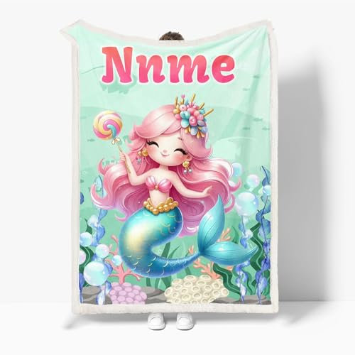 KARPIX Personalisierte Decke mit Namen, Cartoon Meerjungfrau Decke Kuscheldecke, Personalisierte Mermaid Wohndecken Kuscheldecke Weiche Warme Sofadecke für Mädchen (150x200cm)