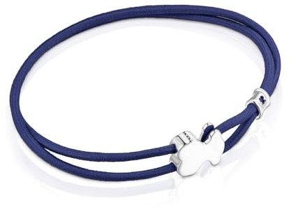 TOUS Pulsera Elástica en Azul para Mujer con Motivo de Osos En Plata de Primera Ley 1,1cm, 17 cm de Largo, Simple y Versátil, Colección Sweet Dolls