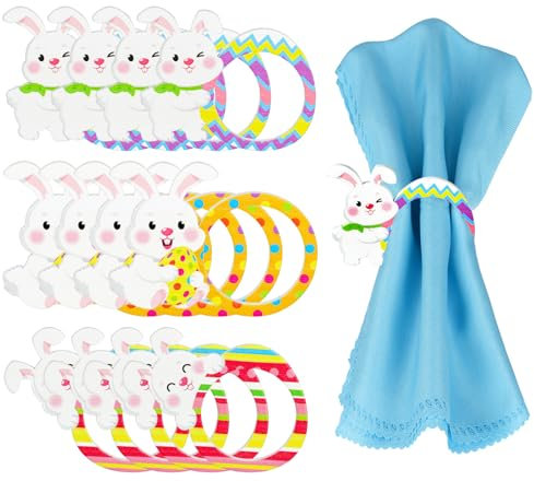 MWOOT 12 Stück Ostern Serviettenringe, Osterhase Ostereier Serviettenringe Holz für Ostern Hochzeit Urlaub Abendessen Party Bankett Tischdekoration, Niedlich Napkin Ring Dekoration Zubehör