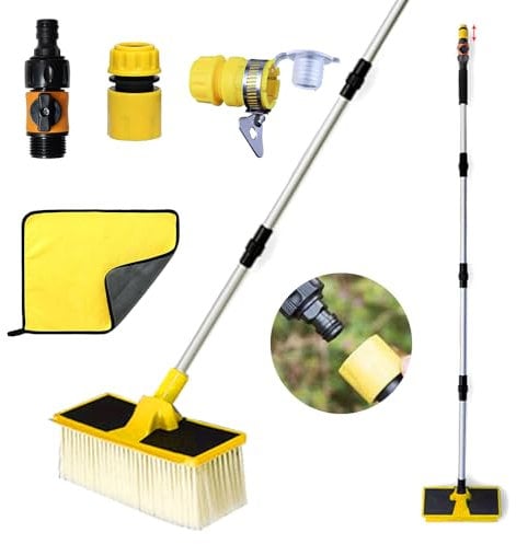 HEYIDAMAI Cepillo de lavado telescópico con conexión de agua, cepillo de lavado para autocaravanas, 168 cm, cepillo de lavado de coche, camión con mango telescópico, cepillo de lavado para caravana,