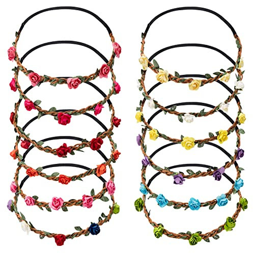 Stirnband Blumen, Mehrfarbig Damen Mädchen Blume Krone Floral Garland Stirnbänder mit Elastischem Band für Party Hochzeit Strand 12 Stück