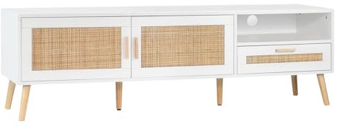 KLAST Meuble TV Tahiti 160 Cm en Bois Blanc et Rotin Naturel avec 2 Portes, Un Tiroir et Une Étager pour Le Rangement dans Le Salon et la Salle à Manger