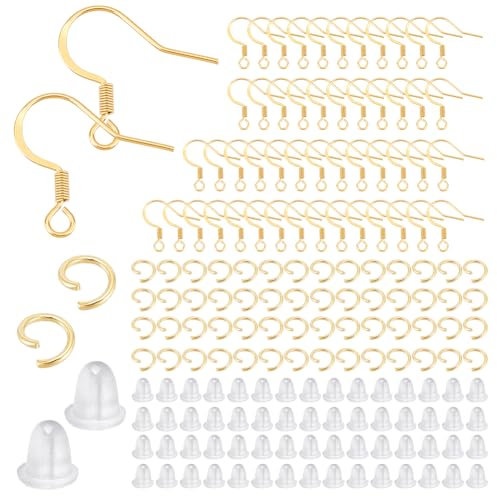UNICRAFTALE 100Set Stainless Steel Earrings Hooks 18K Gold Plated Ear Wire with 100Pcs Open Jump Rings and 200Pcs Ear Backs Earring Hooks with Coil for DIY Earring Jewelry Making