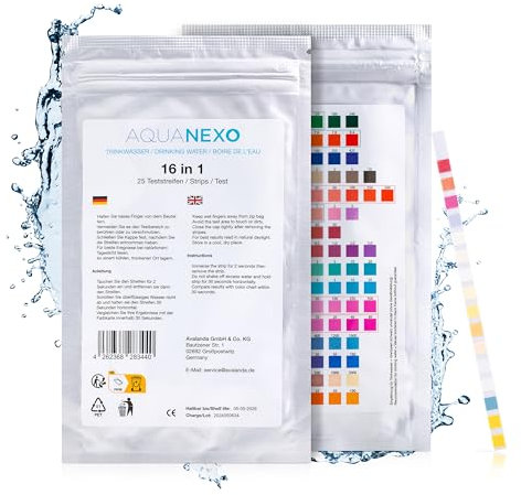 AQUANEXO 25x oder 50x Wassertester Trinkwasser 16-in-1 Werte, pH Teststreifen, Wasserhärte Teststreifen, Wasserhärte messen, pH Wert Teststreifen, Trinkwasser Teststreifen, Trinkwassertest (50)