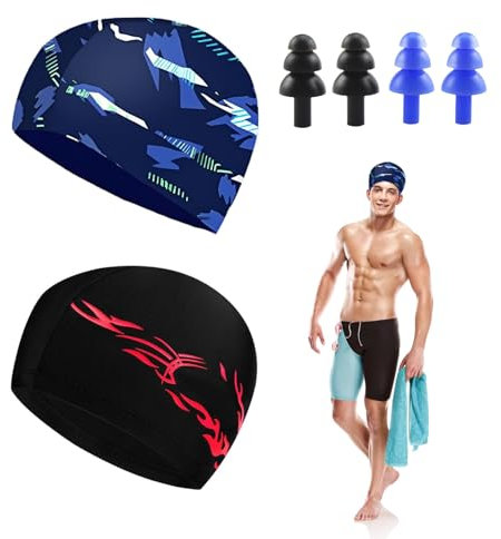 EUYKQNOI 2 Pcs Cuffia da Nuoto, Cuffia da Nuoto Unisex Cuffia da Nuoto per Donne Uomini Elastici Nero Cuffia da Nuoto in Tessuto Cuffia da Nuoto per Adulti