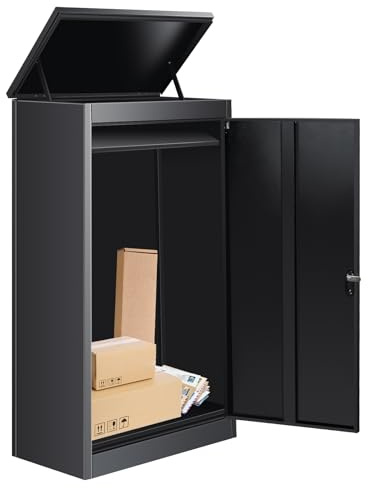 Outdoor Package Delivery Box with Lock – Black Metal Parcel Drop Box, Anti-Theft, IPX3 Waterproof, Weatherproof Mailbox for Porch, Fence & Curbside (105CM/41.3IN)