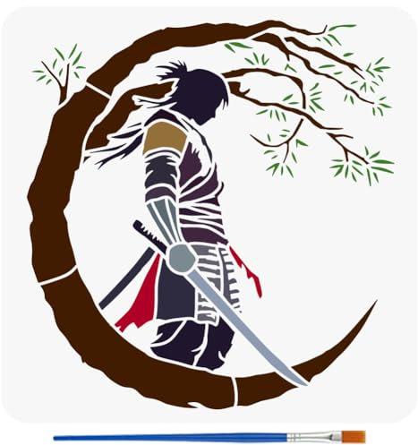 FINGERINSPIRE Malschablonen Samurai Des Ostens Mit Pinsel 30x30cm Kunststoff PET Katana Baummuster Zeichenvorlage Dekorative Ausgehöhlte Schablone Mit Orientalischem Thema Zum Malen Auf Holz Leinwand