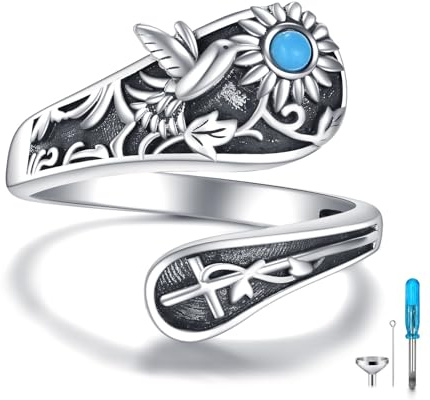 YONFQE Urnen Ring für Asche Sterling Silber verstellbar Einäscherungs Ring Kolibri Ring Schmuck Geschenk für Mensch und Haustier