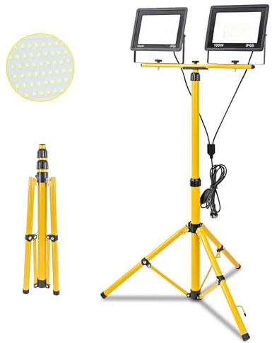 Rravdst LED Work Lights with Stand, 200W 20000LM Floodlight with 16FT Cord Individual Switch - IP66 Waterproof for Outdoor Job Site Workshop Garage Construction Lighting