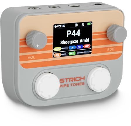 STRICH Pipe Tones Pocket Multi-Effekt Prozessor für Gitarre und Bass, 10 Effektmodule, 125 Effekte, 40s Looper, 100 Drum Patterns, USB Audio Interface, Wireless Control (Grau)