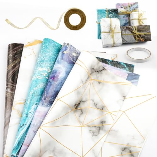 Geschenkpapier Marmor, 5 Blätter Geschenkpapier Geburtstag, 70 x 50 cm | Wrapping Paper mit Schleifenband Gold für Geburtstag Hochzeit Weihnachten Geschenkverpackung