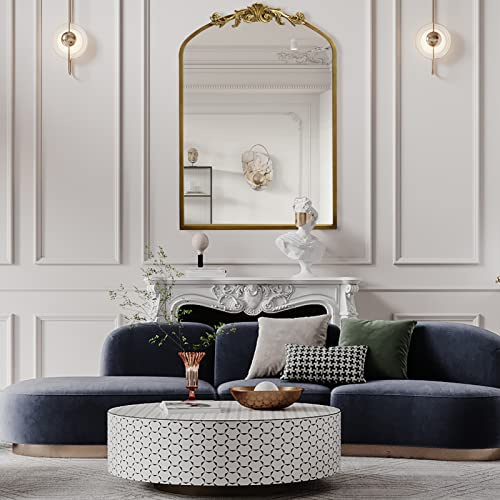 G-LEAF Antik Wandspiegel Gold Bogenform Barock - 60x90 cm Großer Vintage Spiegel mit Ornament-Krone, Eleganter Metallrahmen Dekospiegel für Badezimmer, Wohnzimmer & Flur