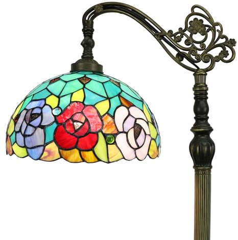 Tokira fleurs roses Lampadaire Tiffany,12 abat-jour en verre coloré, 165cm base de col de cygne réglable, E27 lampe debout d'angle pour Maison Salon Chambre[Sans Ampoule]