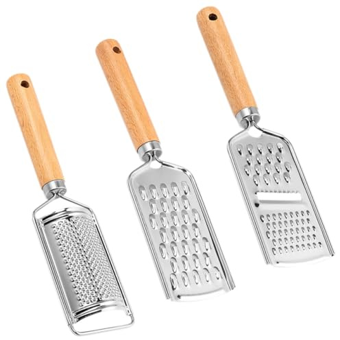 jojofuny 3 Stück Edelstahl Holzgriff Reibe für Gemüse Käse Karotten Kartoffeln Multifunktions Küchenreibe Kompakt Platzsparend für Haushalt und Kochen