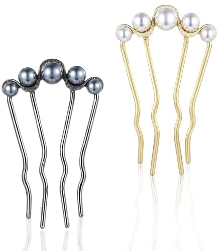 2Pcs Pearl U Shaped Hair Pins Metal Hair Fork Clips, Elegant Bridal Hair-Side Comb Hairs Pin for Women Girls, French Pearl Hairs Styling Accessories for Bridal Wedding Daily Party Holiday