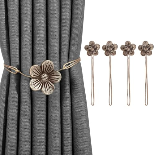 Woobroo 4er Set Magnetische Vorhanghalter - Vintage Blumen Raffhalter | Starke Magnete ohne Bohren, flexibles Seil für alle Vorhänge, antikes Blumenmuster aus Kunstharz, 4er Set für Fensterdeko