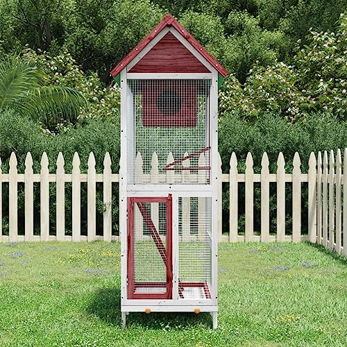Vogelvoliere aus massivem Kiefernholz 60 x 58,5 x 160 cm, Gartenhaus mit wasserdichtem Dach und Metallgitter, Mokka und Weiß