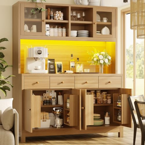 Crlnaup Hochbuffetschrank 140 * 38.5 * 180cm mit App-gesteuerter RGB-LED, Glastüren & 4 Schubladen, verstellbare Einlegeböden, Naturholz-Optik, belastbar bis 100kg