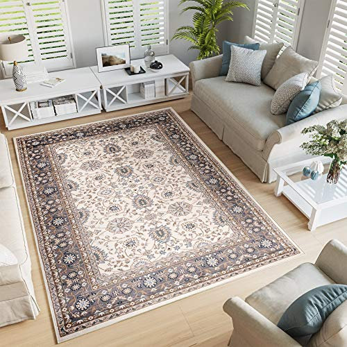 TAPISO Colorado Teppich Wohnzimmer Klassisch Kurzflor Orientalisch Creme Beige Grau Floral Ziegler Ornament Muster Orientteppich ÖKOTEX 120 x 170 cm