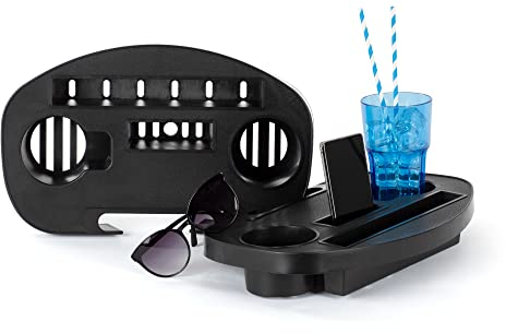 LIVIVO Set of 2 Clip-On Side Tables – Universal Fit for Garden Sun Loungers, Camping Chairs & Outdoor Tubular Furniture – Built-In Drink, Phone & Accessory Holders