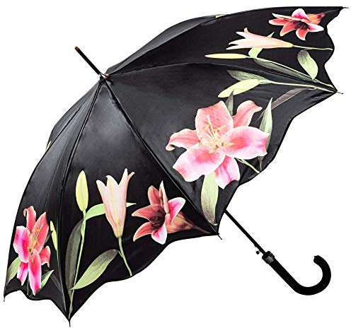 LUCKYWEATHER Regenschirm Stockschirm Damen Motiv Lilien Auf-Automatik I Stockregenschirm groß und stabil sowie hochwertig verarbeitet I Regenschirme mit UV-Schutz